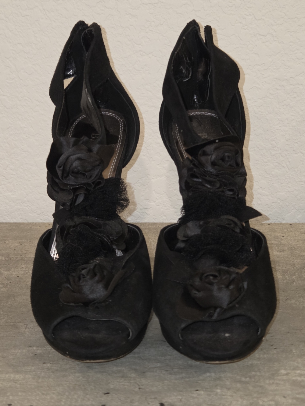 Bakers Black Floral Peep-Toe Heels with Ankle Strap